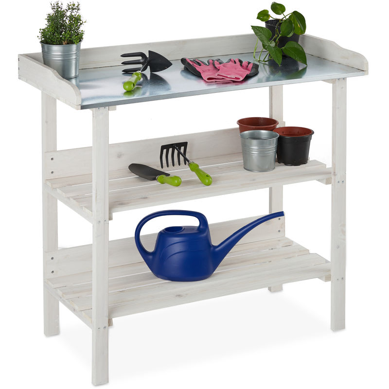 Relaxdays Planter Table with Metal Top, Repotting Stand, Wooden, Garden, Greenhouse, Balcony, 86x92x41, White