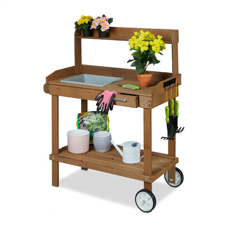 Relaxdays Planter Table with Wheels, Repotting Stand, Wooden, Garden, Greenhouse, Balcony, 120 x 97 x 49 cm, Brown