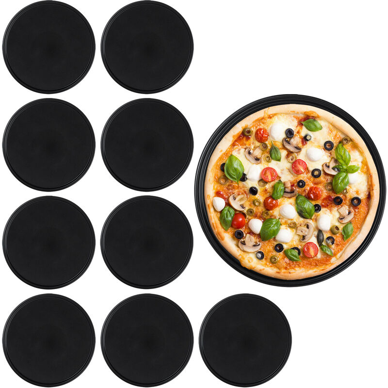 Relaxdays Plaque à pizza, lot de 10, rond, antiadhésif, tartes flambées, acier au carbone, moule, ∅ 32 cm, noir