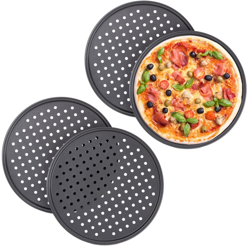 Plaque pizza, lot de 20, ronde, perforée, antiadhésive, tartes flambées, en acier, moule, ∅ 32 cm, anthracite