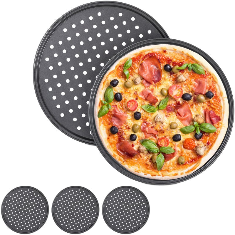 Relaxdays - Plaque pizza, lot de 5, ronde, perforée, antiadhésive, tartes flambées, en acier, moule, ∅ 32 cm, anthracite