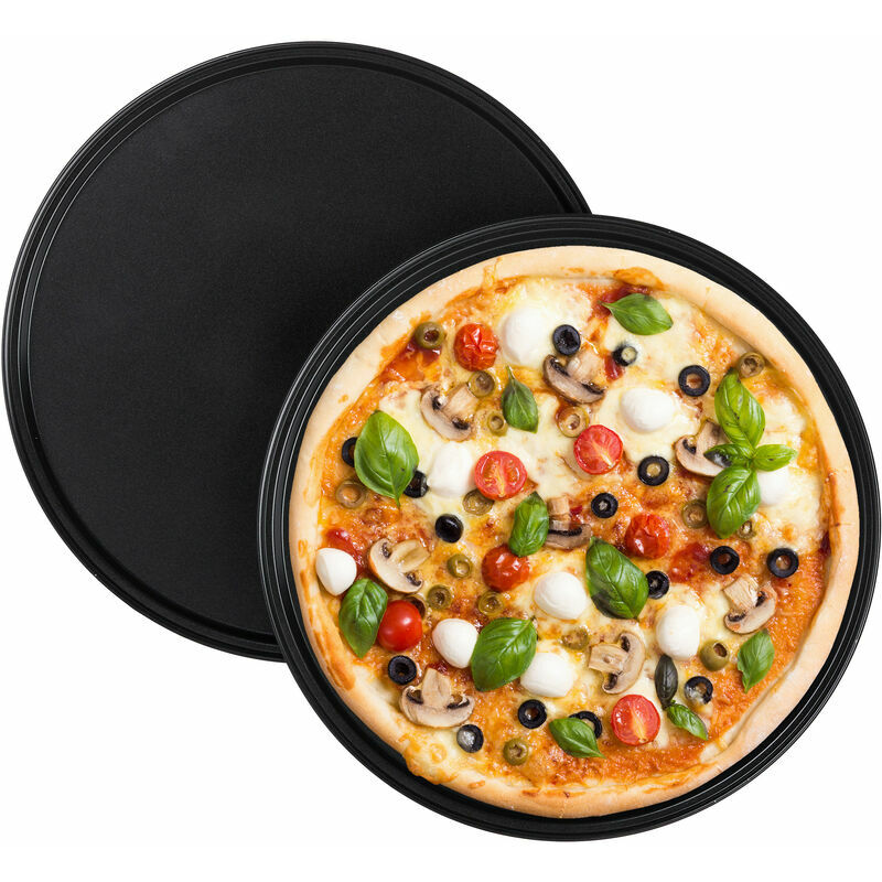 Relaxdays - Plaque à pizzas, Lot de 2, Plat à four, Acier au carbone, Moule, Plateau, Antiadhésive, Ronde, ∅ 32 cm, Gris