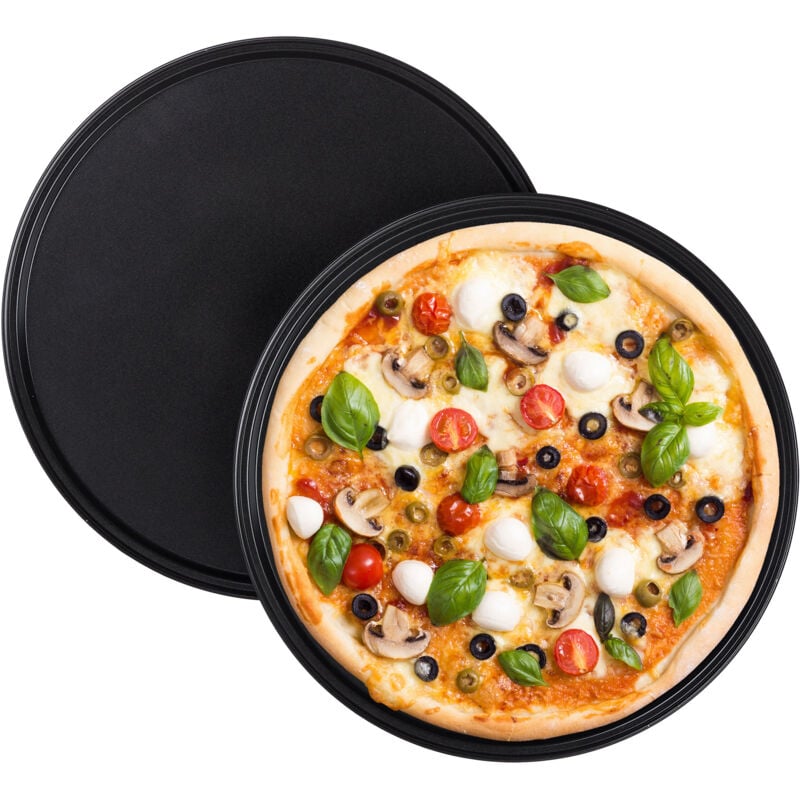 Relaxdays - Plaque à pizzas, Lot de 4, Plat à four, Acier au carbone, Moule, Plateau, Antiadhésive, Ronde, ∅ 32 cm, Gris