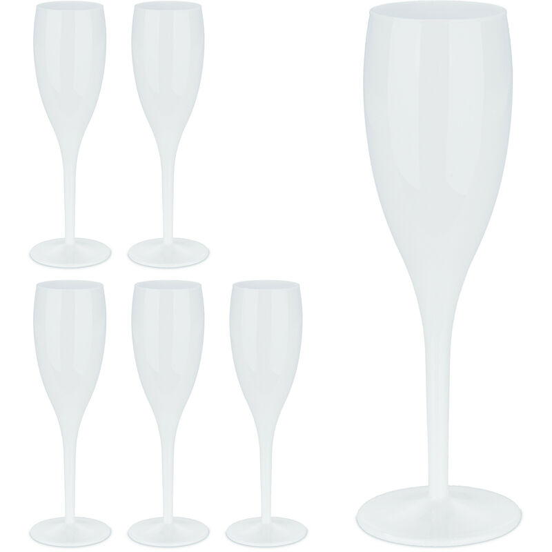 Relaxdays - Plastic Champagne Flutes, Set of 6, Shatterproof, bpa Free, 100 ml, Reusable Wine Glasses, for Parties, White