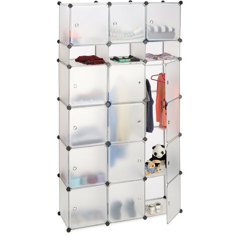 Relaxdays Plastic Modular Wardrobe System, Shelf with 2 Clothes Rail, Versatile Shelving System, Transparent