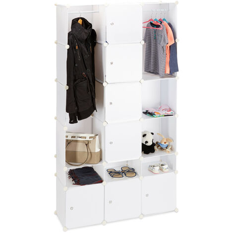 Relaxdays Plastic Modular Wardrobe System, Shelf with 2 Clothes Rail, Versatile Shelving System, White