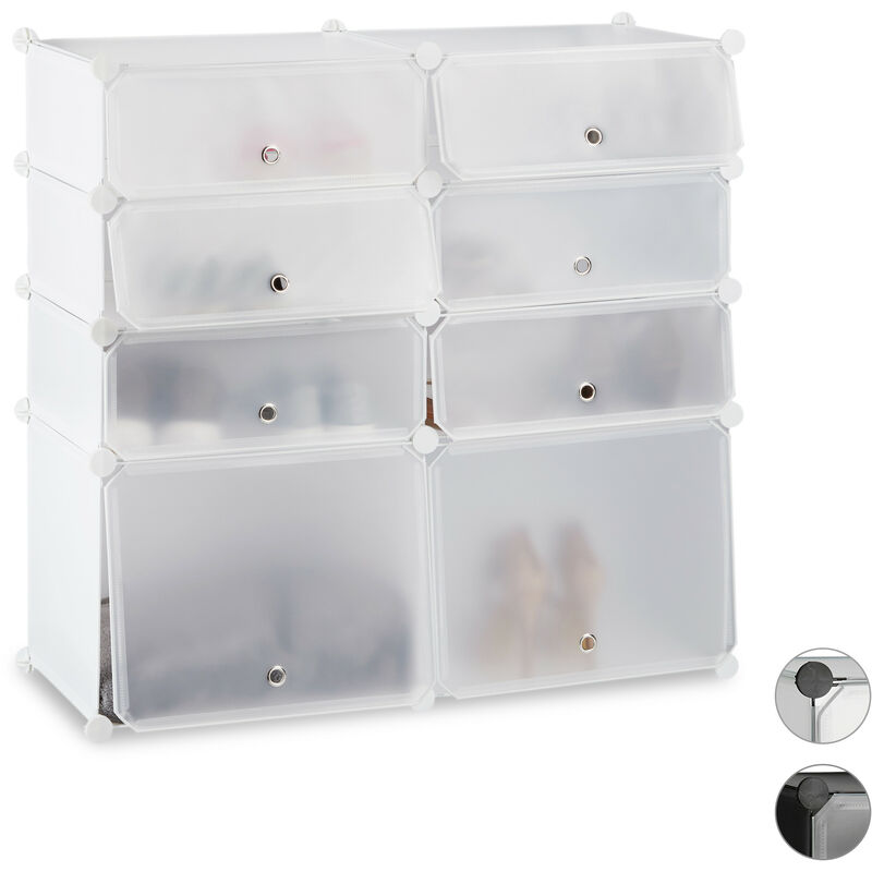 Plastic Shoe Cabinet, 8 Compartment Shoe Rack, Modular Shelf, h x w x d: 91 x 94.5 x 36.5 cm, White - Relaxdays