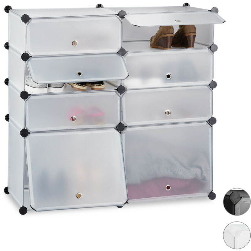 Plastic Shoe Cabinet, 8 Compartment Shoe Rack, Modular Shelf, h x w x d: 91 x 94.5 x 36.5 cm, Transparent - Relaxdays