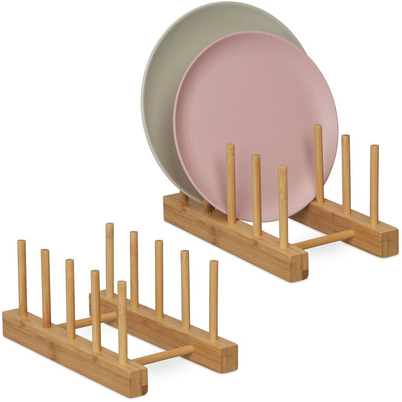 Relaxdays - Plate Rack for 4 Plates, Boards & Lids, Set of 2, Bamboo, hwd: 10 x 12 x 22 cm, Kitchen Dish Drainer, Natural