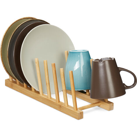 Relaxdays Plate Rack, for 8 Dishes, Pan Lid & Chopping Board Holder, Dish Drainer Stand for the Sink, Bamboo, Natural