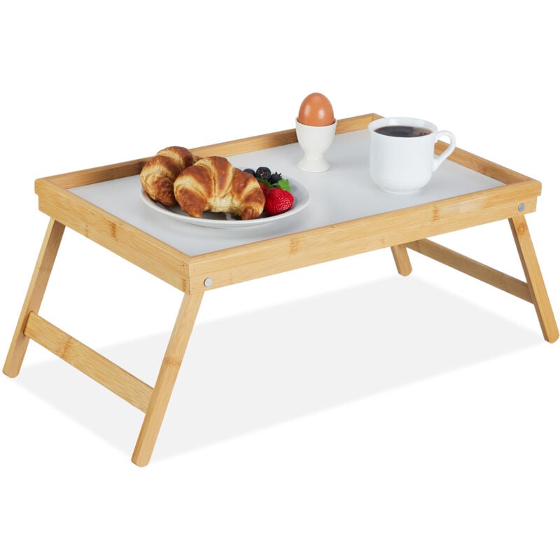 2x Plateaux de Lit table de petit-déjeuner bambou plateau service pieds pliants bois avec tablette en plastique, nature