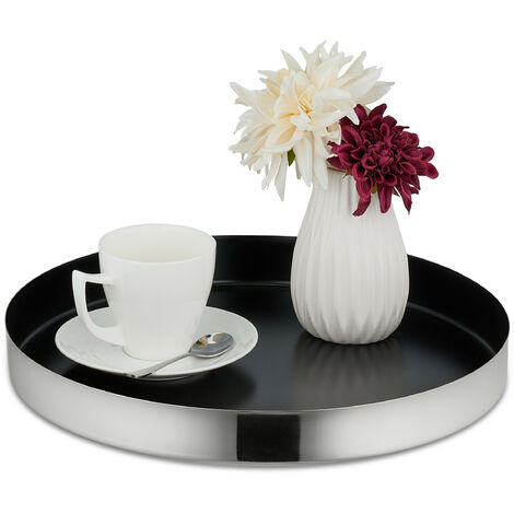 Relaxdays Plateau de service, support rond, bougies, bijoux, déco, HxD: 4 x 35 cm, acier inoxydable, thé, noir - argent