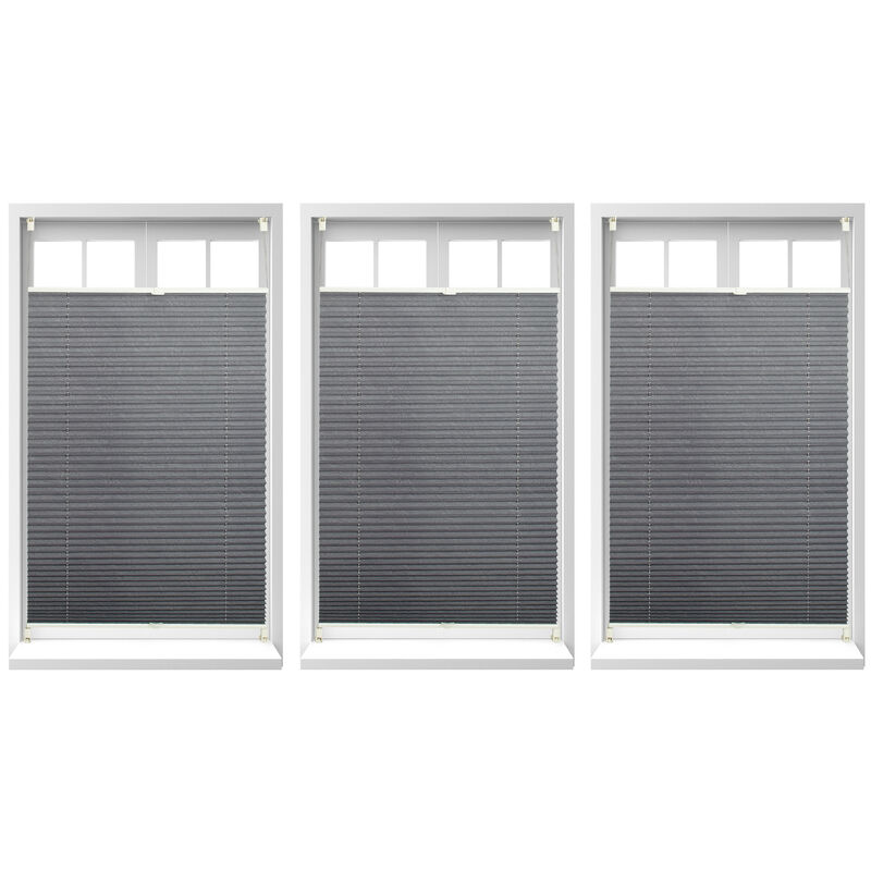 Set Of 3 Relaxdays Pleated Blinds, No-drilling, Adhesive Klemmfix, Folding Roller, Transparent, Shades, Grey, 90x130cm