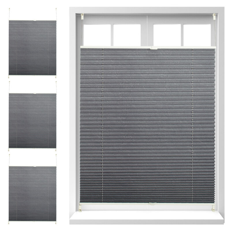 Set Of 4 Relaxdays Pleated Blinds, No-drilling, Adhesive Klemmfix, Folding Roller, Transparent, Shades, Grey, 90x130cm