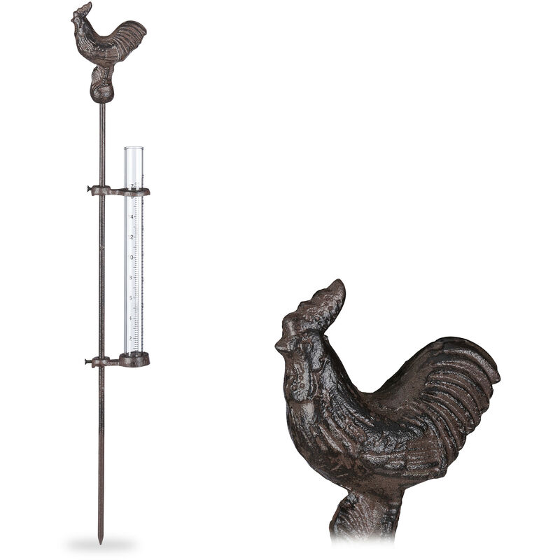 Relaxdays - Pluviomètre décoration en métal, outil pour l'extérieur, coq, 17cm 7 pouces, piquet de terre, bronze, antigel