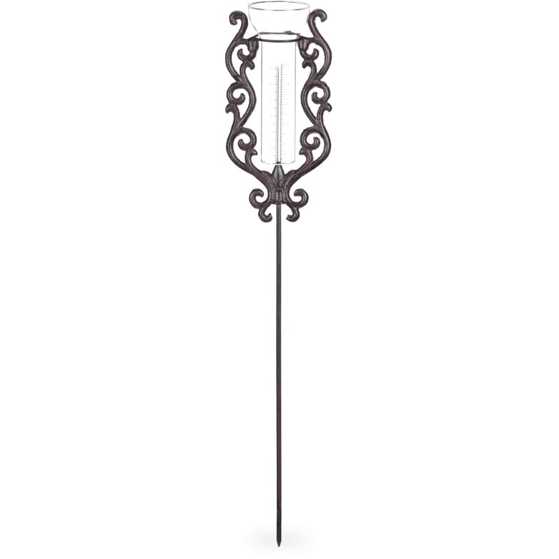 2x Pluviomètres vintage, avec piquet, décore l'extérieur, antique, 12cm, 5 inches verre, métal, orné, bronze