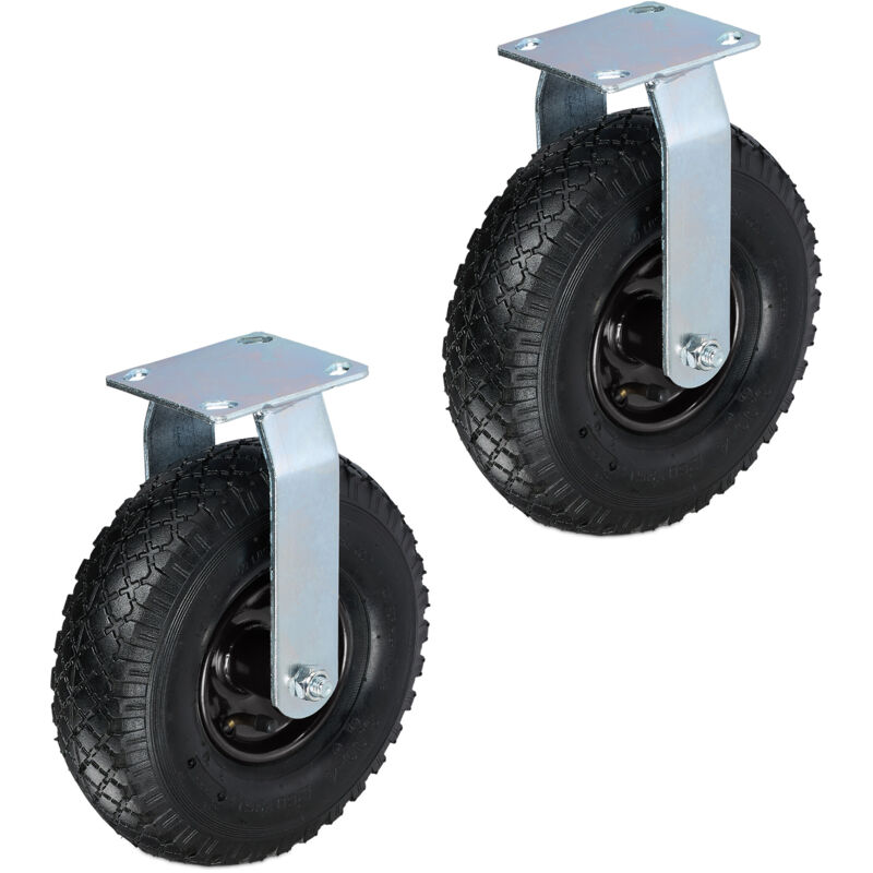 Relaxdays Pneumatic Fixed Castor, 3.00-4, Load 120 kg, Rubber, Steel Plate, Air-Filled, Heavy-Duty Wheel,