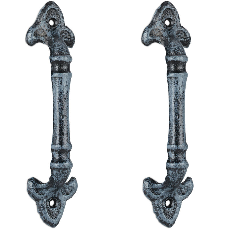 Poignée de meuble vintage, lot de 4, pour portes, armoires & tiroirs, fonte de fer, 20 cm de long, avec ornements, gris