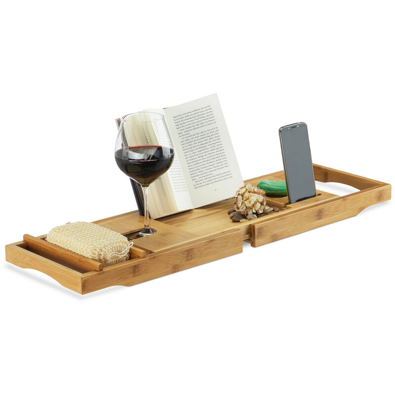 Pont de baignoire bambou baignoire extensible salle de bain serre-livre HxlxP: 19 x 107,5 x 23 cm, nature - Relaxdays