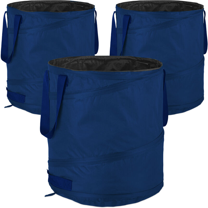 Pop-Up Garden Waste Bags, Set of 3, 85 l, Outdoor Refuse Sacks, 3 Handles, UV-Resistant, Waterproof, Blue - Relaxdays