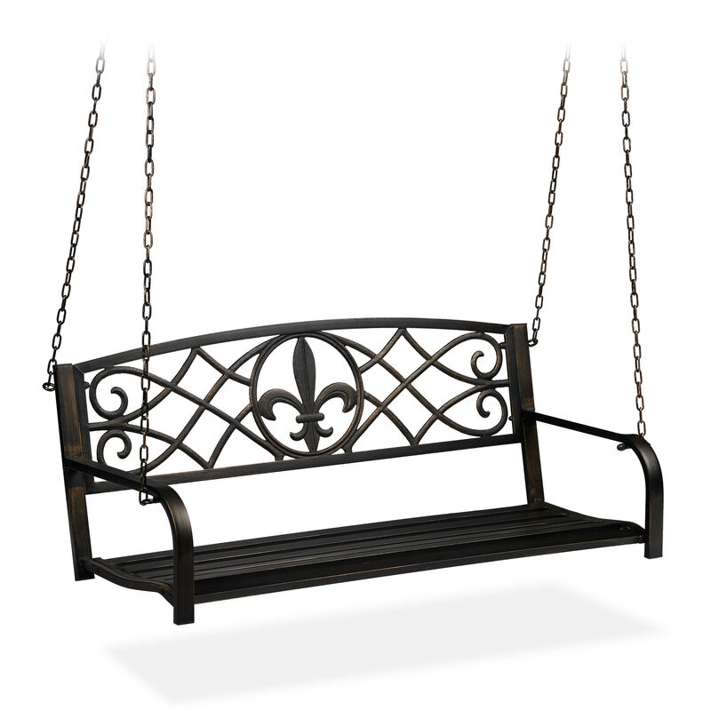 Porch swing, 2 seater, hanging garden bench, vintage design, metal, black/bronze - Relaxdays