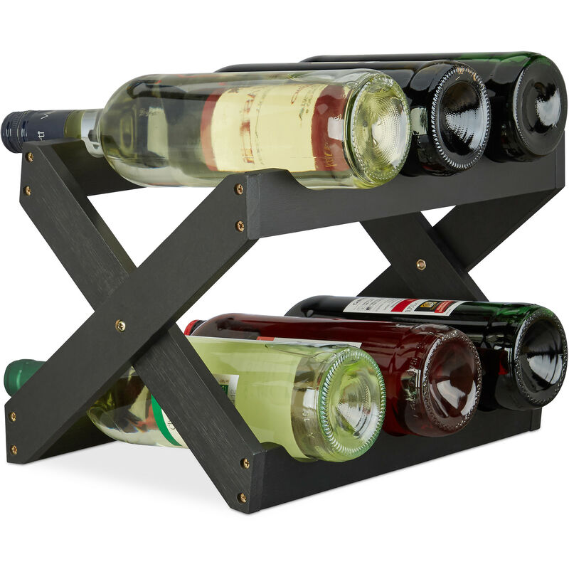Image of Porta bottiglie vino bambù a forma di x 6 bottiglie cantinetta piccola pieghevole hlp 22x36x20 cm nero - Relaxdays