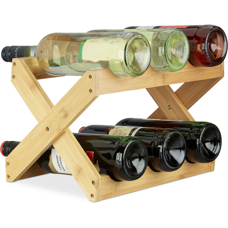 Image of Porta bottiglie vino bambù a forma di x 6 bottiglie stile rustico cantinetta pieghevole hlp 22x36x20 cm beige - Relaxdays