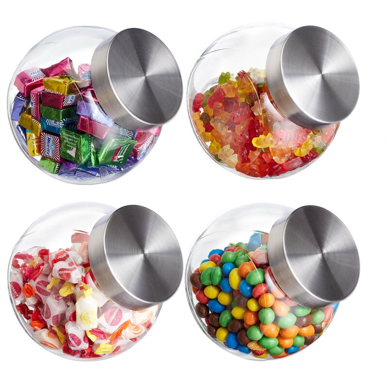 Relaxdays - Porta Caramelle, Set da 4, 1,5 l, Barattoli Dolcetti, Alimenti, Confetti, Coperchio Acciaio Inox, Trasparente