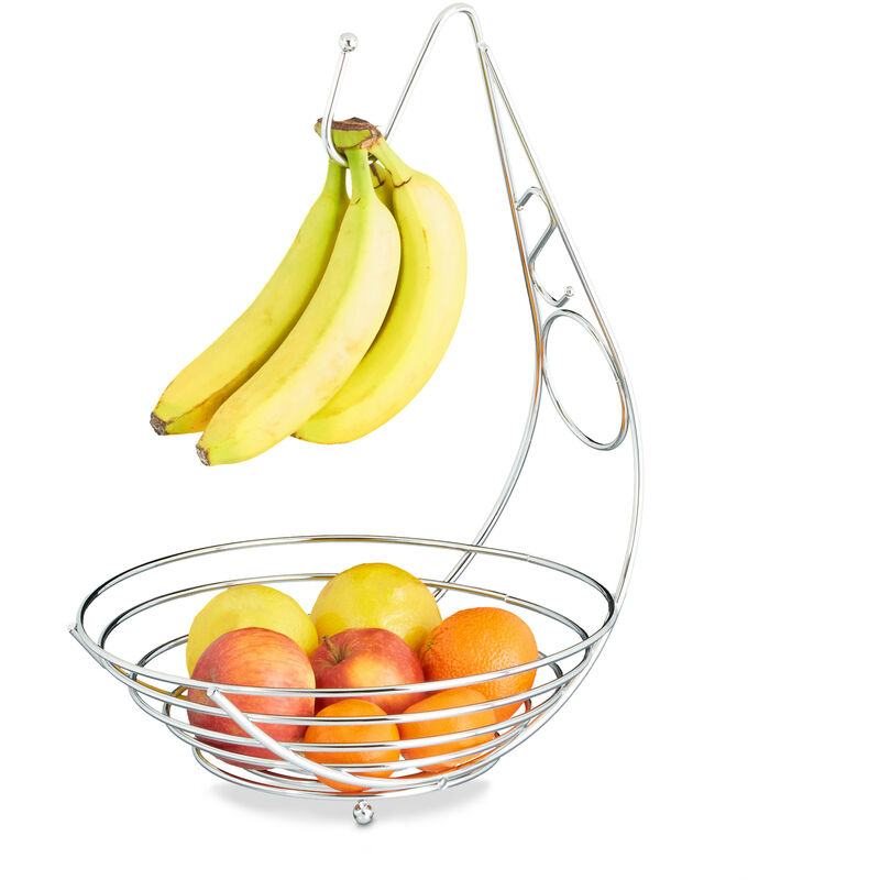 Image of Relaxdays Porta-frutta con gancio per banane fruttiera cromata porta-banana da tavolo HLP: 42 x 29,5 x 32 cm ca. argento
