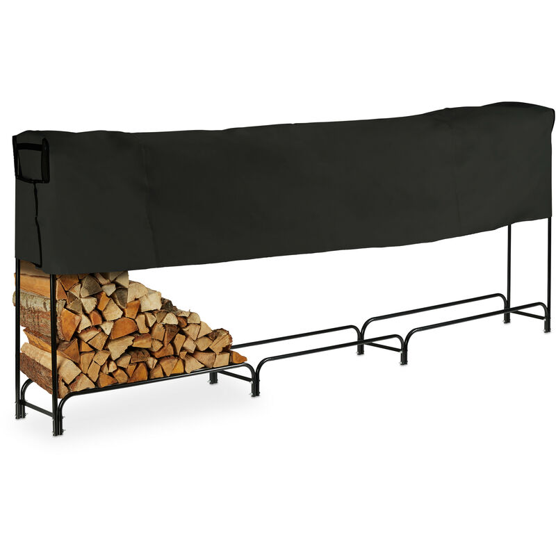 Relaxdays Firewood Storage Rack with Cover, Metal, 122 x 370 x 38.5 cm, Outdoor, Shelf for Logs, Log Stacking Aid, Black