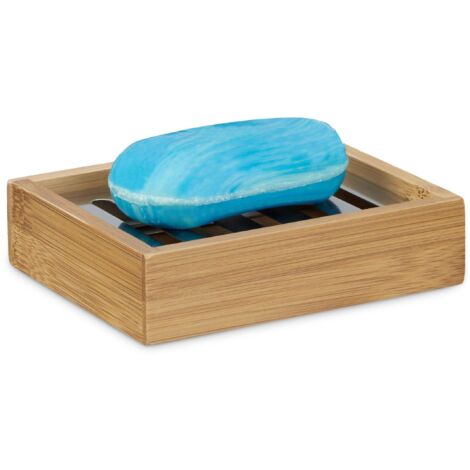 Relaxdays Porta Saponetta Bambù Rettangolare, Griglia Di Scolo Acciaio Inox, Igienico, HxLxP: 3 x 12,5 x 10 cm, Marrone
