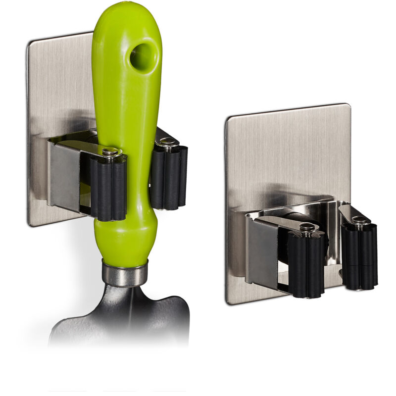 Relaxdays 8x Appliance Holder, Garden Tools, Garage, Wall Mounted, Basement, Broom, Mop, Hold Up, Load 3kg, Silver