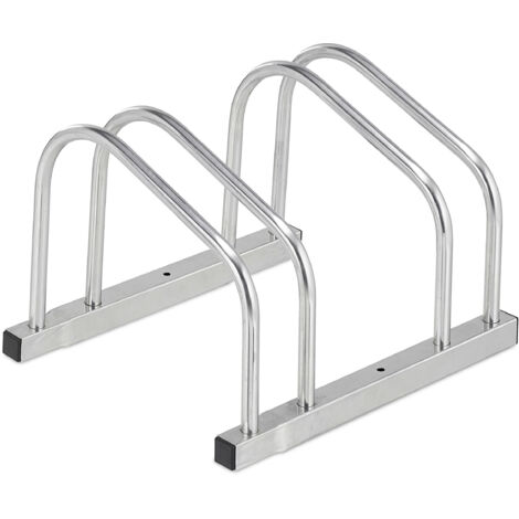 Relaxdays Portabici da Terra, Supporto per 2 Biciclette, E-Bike, Parcheggio Ruote Fino 50 mm, 26x38,5x33,5 cm, Argentato, Acciaio