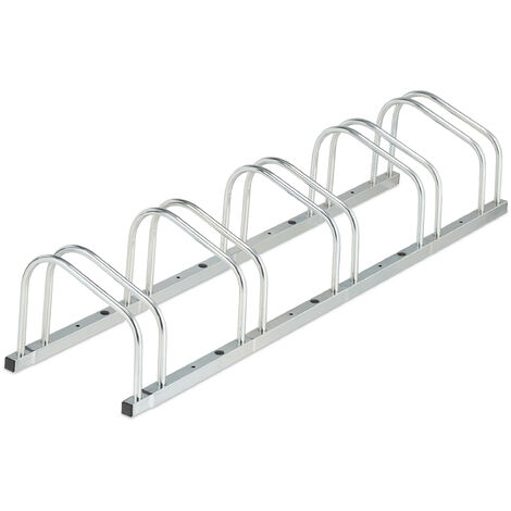 Relaxdays Portabici da Terra, Supporto per 5 Biciclette, E-Bike, Parcheggio Ruote Fino 50 mm, 26x136x33, Argentato, Acciaio, 26x168x33,5 cm