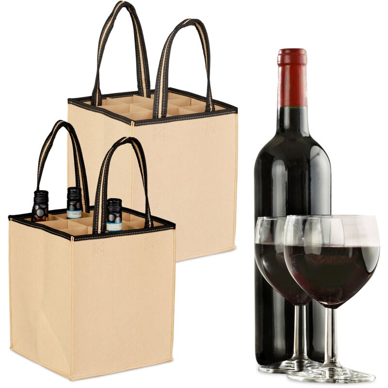 Image of Relaxdays - 2x Borsa Porta Bottiglie di Vino e Birra, 9 Scomparti, Portabottiglie e Shopping Bag, 45x24x24 cm, Grigio
