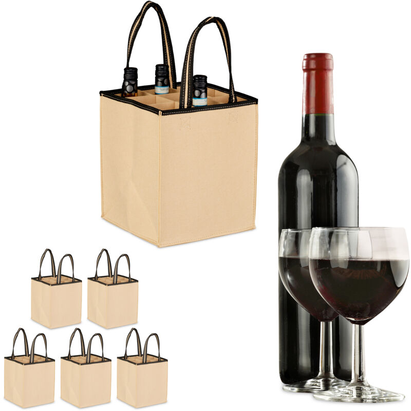Image of Relaxdays - 6x Borsa Porta Bottiglie di Vino e Birra, 9 Scomparti, Portabottiglie e Shopping Bag, 45x24x24 cm, Grigio