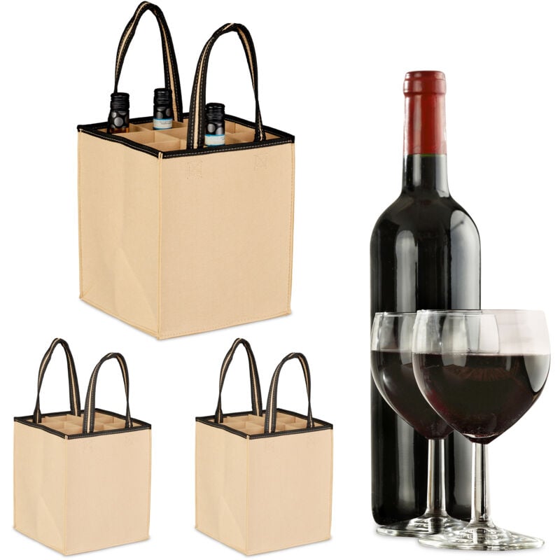 Image of Relaxdays - 3x Borsa Porta Bottiglie di Vino e Birra, 9 Scomparti, Portabottiglie e Shopping Bag, 45x24x24 cm, Grigio