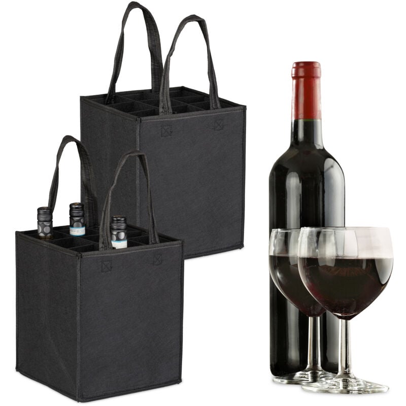 Image of Relaxdays - 2x Borsa Porta Bottiglie di Vino e Birra, 9 Scomparti, Portabottiglie e Shopping Bag, 45x24x24 cm, Nero