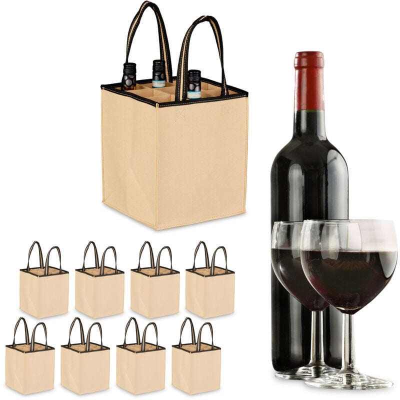 Image of Relaxdays - 9x Borsa Porta Bottiglie di Vino e Birra, 9 Scomparti, Portabottiglie e Shopping Bag, 45x24x24 cm, Beige