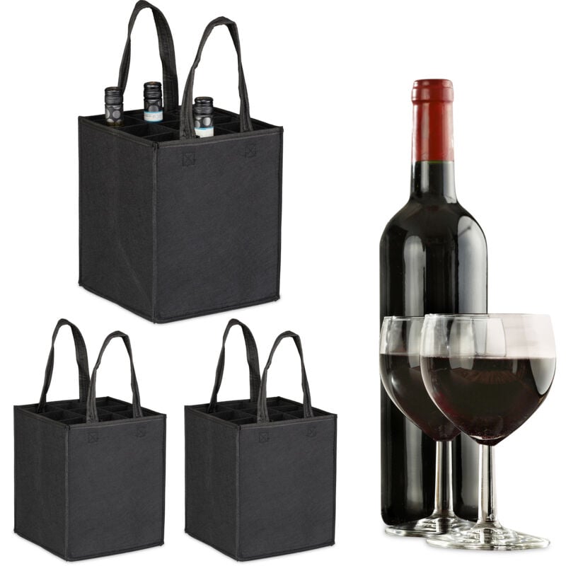 Image of Relaxdays - 3x Borsa Porta Bottiglie di Vino e Birra, 9 Scomparti, Portabottiglie e Shopping Bag, 45x24x24 cm, Nero