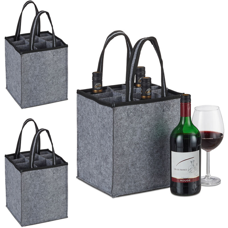 Relaxdays 3x Bottle Carrier, 9 Glasses, Wine, Beer, Collect, Empty Drinks, HxWxD 45x24x24 cm, Felt Tote, Handles, Grey