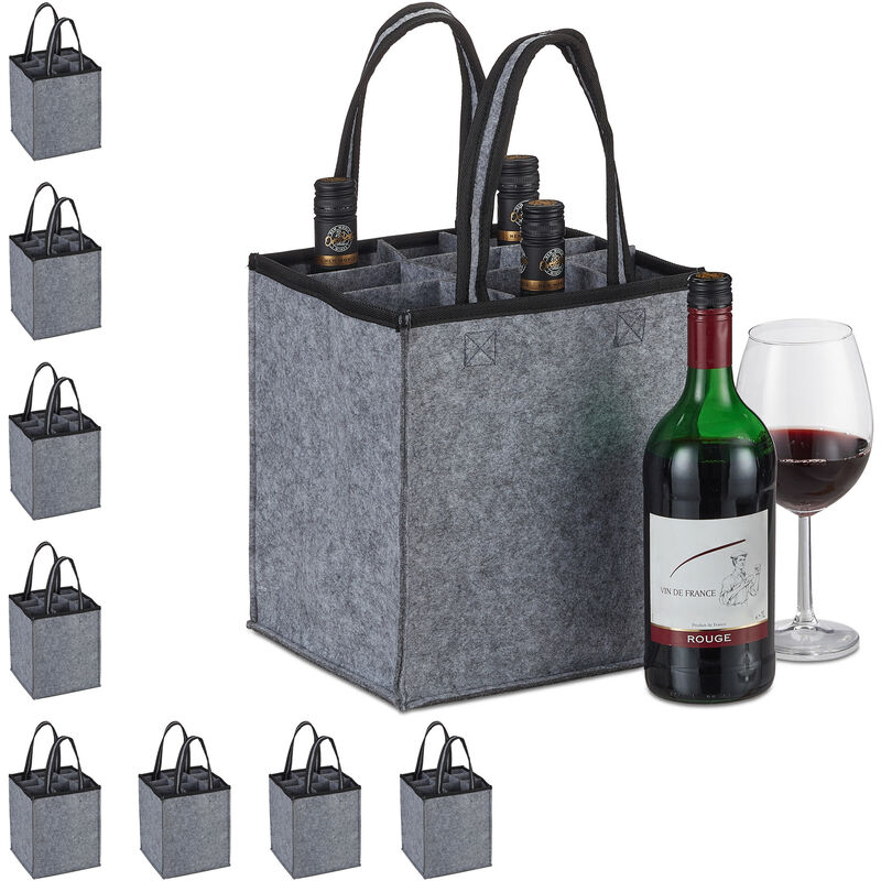 Relaxdays 9x Bottle Carrier, 9 Glasses, Wine, Beer, Collect, Empty Drinks, HxWxD 45x24x24 cm, Felt Tote, Handles, Grey