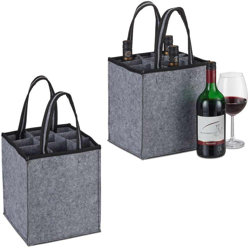 Relaxdays 2x Bottle Carrier, 9 Glasses, Wine, Beer, Collect, Empty Drinks, HxWxD 45x24x24 cm, Felt Tote, Handles, Grey