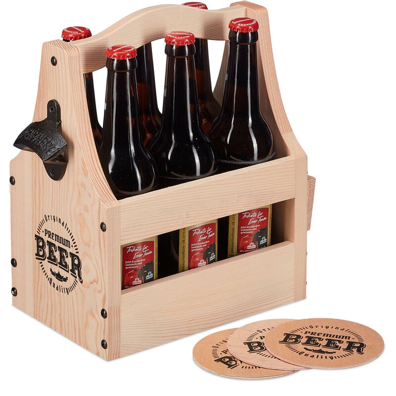 Wooden Bottle Carrier, with Bottle Opener & Coaster, Room for 6 Beers / Wine, Sturdy Metal Iron, Natural - Relaxdays