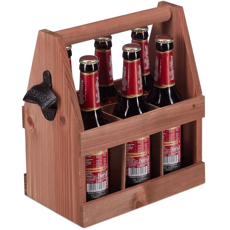 Relaxdays Wooden Bottle Carrier, with Bottle Opener & Coaster, Room for 6 Beers / Wine, Sturdy Wood & Metal Iron, Brown