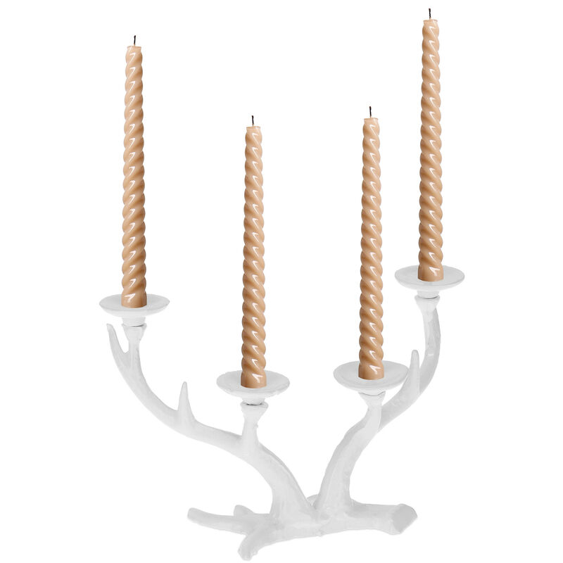 Relaxdays Portacandele a Quattro Bracci, Design a Corna di Cervo, Candelabro Vintage per Candele Lunghe, Ghisa, Bianco