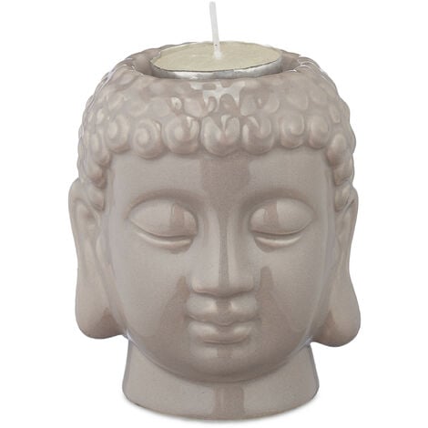 Relaxdays Portacandele, Portalumi con Testa di Budda, Feng Shui, Ceramica, HLP 9,5x8x8 cm, Zona Giorno e Bagno, Grigio