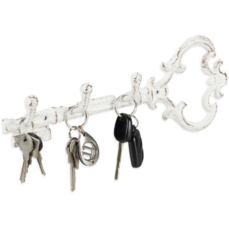 Relaxdays Portachiavi da Muro, 3 Ganci Porta Chiavi da Parete a Forma di Chiave, Decorativo, 12,5x33x4,5 cm, Bianco