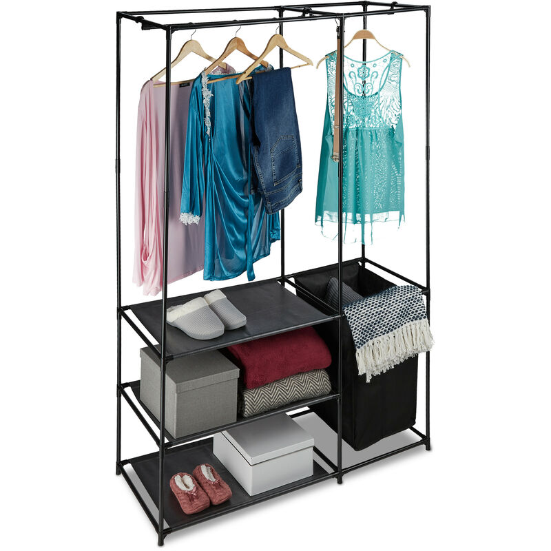 Relaxdays Portant ouvert, armoire pliable, panier à linge, tringle vêtements, penderie pliante, 180 x 115 x 50 cm, noir