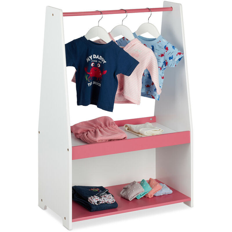 Portant vêtement enfant, portique tringle & deux étagères, HxLxP: 90x60x30cm, garde-robe, blanc - rose - Relaxdays